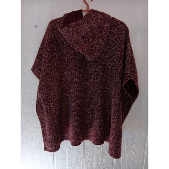 Hummingbird Women's One Size Hooded Poncho Shrug Jacket Maroon Marled Zip Front - Picture 5 of 7